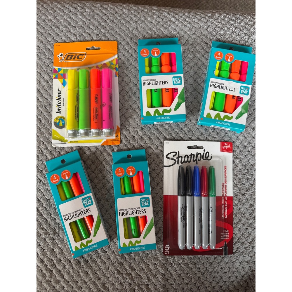 Sharpie Permanent Markers BIC Brite Liner Pen+Gear Highlighters Bundle 25ct